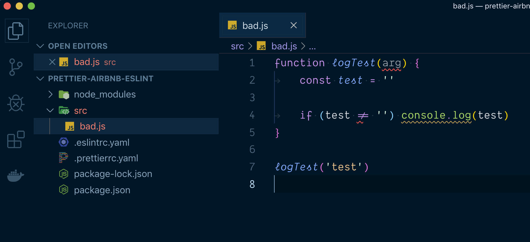 bad.js in VS Code