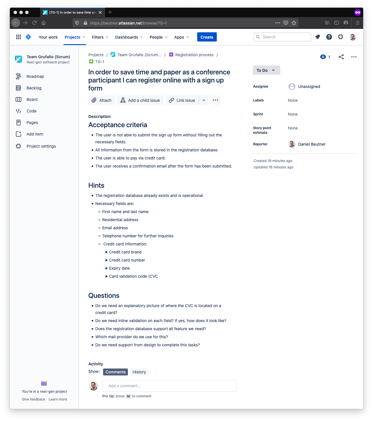 Jira user story example